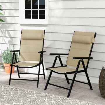 Outsunny Set Of 2 Patio Folding Chairs W/ Adjustable Back, Garden Dining Chairs W/ Breathable Mesh Fabric Padded Seat, Backrest, Headrest, Khaki