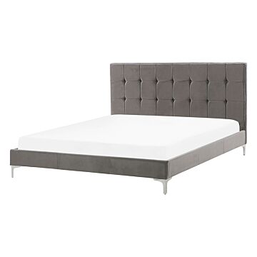 Bed Frame Grey Velvet Upholstery Eu Double Size 4ft6 With Sprung Slatted Base And Button-tufted Headboard Beliani