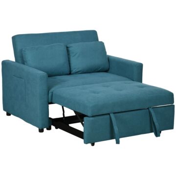 Homcom Loveseat Sofa Bed, Convertible Bed Settee With 2 Cushions, Side Pockets For Living Room, Blue