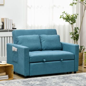 Homcom Loveseat Sofa Bed, Convertible Bed Settee With 2 Cushions, Side Pockets, Blue