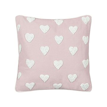 Scatter Cushion Pink Cotton 45 X 45 Cm Throw Pillow Embroidered Hearts Pattern Beliani