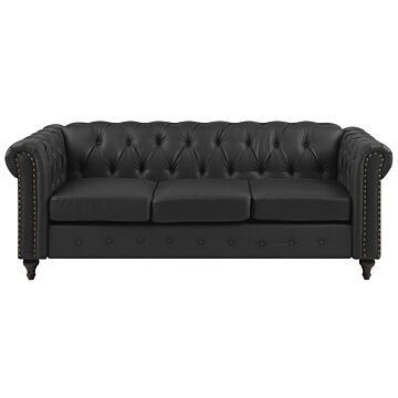 Chesterfield Sofa Black Faux Leather Upholstery Dark Wood Legs 3 Seater Nailhead Trim Contemporary Beliani