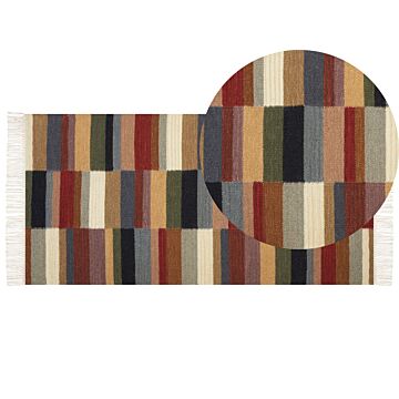Kilim Area Rug Multicolour Wool 80 X 150 Cm Hand Woven Flat Weave Geometric Pattern With Tassels Traditional Living Room Bedroom Beliani