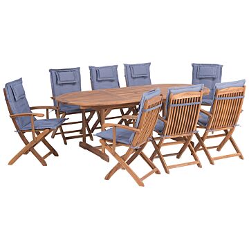 Outdoor Dining Set Light Acacia Wood With Blue Cushions 8 Seater Table Folding Chairs Rustic Design Beliani