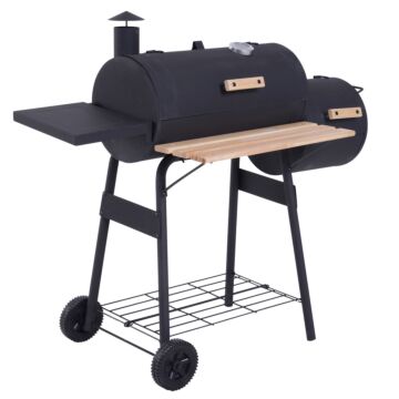 Outsunny Charcoal Barbecue Grill Garden Portable Bbq Trolley W/ Offset Smoker Combo, Handy Shelves And On-lid Thermometer