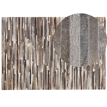 Area Rug Brown And Grey Cowhide Leather 160 X 230 Cm Striped Pattern Patchwork Beliani