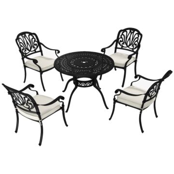 Outsunny Cast Aluminium 4 Seater Outdoor Dining Set With Cushions Parasol Hole Black