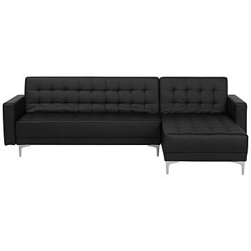 Corner Sofa Bed Black Faux Leather Tufted Modern L-shaped Modular 4 Seater Left Hand Chaise Longue