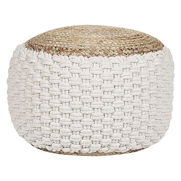 Pouf Ottoman White And Beige Knitted Cotton Jute Eps Beads Filling Round Small Footstool 50 X 35 Cm Boho Style Living Room Beliani