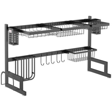 Homcom 93cm Over The Sink Dish Drainer Rack, 2 Tier Dish Rack For Kitchen Counter, Space Saving Dish Drying Rack, Black