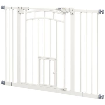 Pawhut Pressure Fit Stair Dog Gate W/ Small Cat Door, Automatic Closing Door, Double Locking, For 74-100cm Openings - White