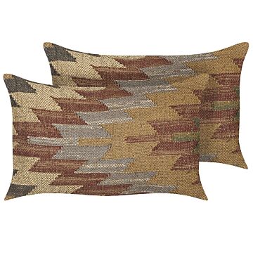 Set Of 2 Scatter Cushions Multicolour Jute Cotton 30 X 50 Cm Geometric Pattern Handmade Removable Cover With Filling Beliani