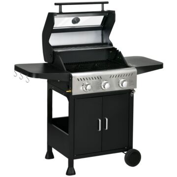 Outsunny 9 Kw 3 Burner Gas Bbq Grill With See-through Lid, Black