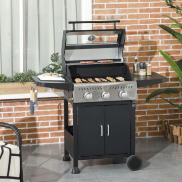 Outsunny 9 Kw 3 Burner Gas Bbq Grill With See-through Lid, Black