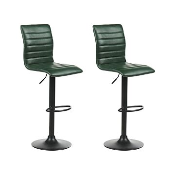 Set Of 2 Bar Chairs Green Faux Leather Seat Black Frame Counter Height Swivel Adjustable Height Beliani