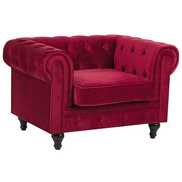 Chesterfield Armchair Dark Red Velvet Fabric Upholstery Dark Wood Legs Contemporary Beliani