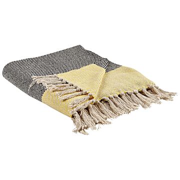 Blanket Grey Yellow Cotton 125 X 150 Cm Geometric Pattern Knitted Throw Boho Style Living Room Bedroom Accent Piece Beliani