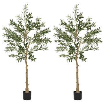 Homcom Set Of 2 5ft/ 150cm Decorative Artificial Plant, Silk Olive Tree With 720 Leaves And 32 Olive Fruits In Pot, Fake Plant For Home, Office, Living Room, Indoor Decor
