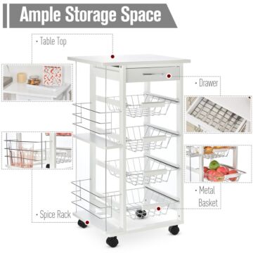 Homcom Multi-use Kitchen Island Trolley W/ 4 Baskets 2 Side Racks Drawer Worktop 4 Wheels Worktop Food Storage Smooth Rolling Compact Furniture White