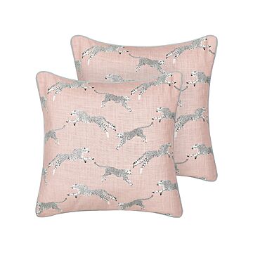 Set Of 2 Scatter Cushions Pink Cotton 45 X 45 Cm Cheetah Motif Printed Pattern Beliani