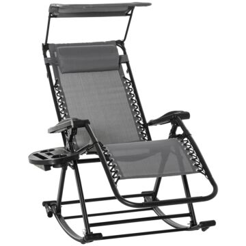 Outsunny Garden Rocking Chair Folding Recliner Outdoor Adjustable Sun Lounger Rocker Zero-gravity Seat With Headrest Side Holder Patio Deck - Grey