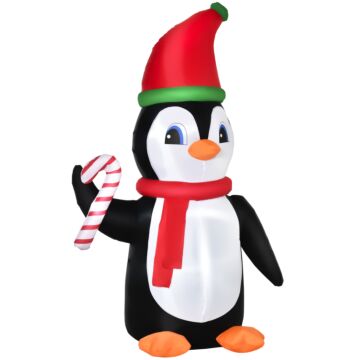 Homcom 2.5m Inflatable Christmas Penguin Holding Candy Cane Blow Up Outdoor Decoration With Led Lights For Holiday