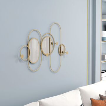 Homcom Metal Wall Mirror Decor With Coat Hooks, Modern Decorative Wall Art For, Gold Tone