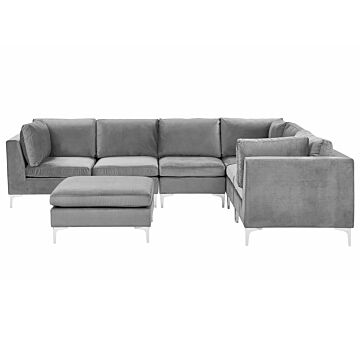 Left Hand Modular Corner Sofa Grey Velvet 6 Seater With Ottoman L-shaped Silver Metal Legs Glamour Style Beliani