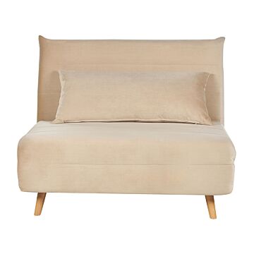 Small Sofa Bed Beige Velvet Fabric Wooden Legs 1 Seater Fold-out Sleeper Armless With Cushion Scandinavian Modern Design Beliani