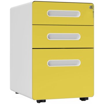 Vinsetto 3 Drawer Filing Cabinet, Steel Lockable File Cabinet With Lock And Wheels, For A4, Letter, Legal Sized Files, Yellow