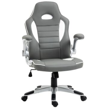 Homcom Racing Gaming Chair, Pu Leather Computer Desk Chair, Height Adjustable Swivel Chair With Tilt Function And Flip Up Armrests, Grey