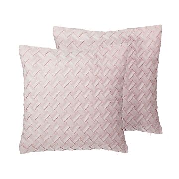 Set Of 2 Decorative Cushions Pink Faux Suede Lattice Weave 45 X 45 Cm Modern Glamour Decor Accessories Beliani
