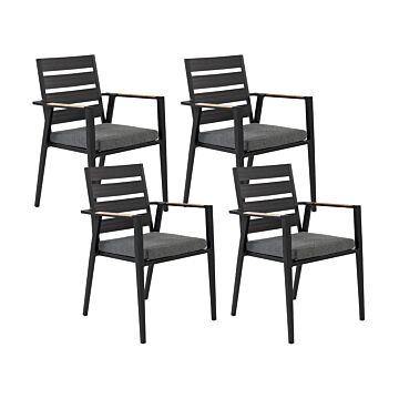 Set Of 4 Garden Dining Chairs Black Aluminium Frame With Cushions Slatted Backrest Design Modern Beliani