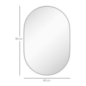 Homcom Oval Bathroom Mirror, Modern Wall-mounted Vanity Mirror With Aluminium Frame For Living Room, Entryways, Horizontal Or Vertical, 60 X 90cm, Silver