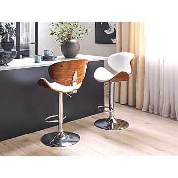 Bar Stool Dark Wood With White Faux Leather Upholstery Footstool Swivel Gas Lift Adjustable Height Modern Beliani