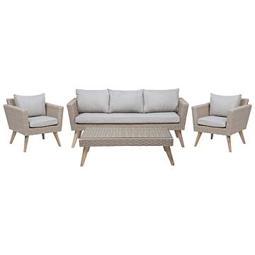 Patio Set Taupe Rattan 3 Seater 2 Chairs Grey Cushions Outdoor Country Beliani