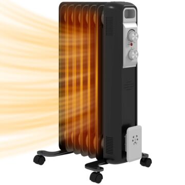 Homcom 1500w Quiet Oil Filled Radiator, 7 Fin Energy Efficient Portable Electric Heater With 3 Heat Settings, Adjustable Temperate, Safety Tip Over, Overheat Protection, Wheels, For Home, Black | Aosom Uk