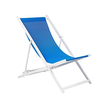 Folding Deck Chair Black Blue Textilene Sling Seat Beach Chair Adjustable Backrest Patio Recliner Beliani