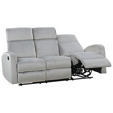 Manual Recliner Sofa Light Grey Velvet Upholstered 3 Seater Couch Modern Design Relax Function Beliani