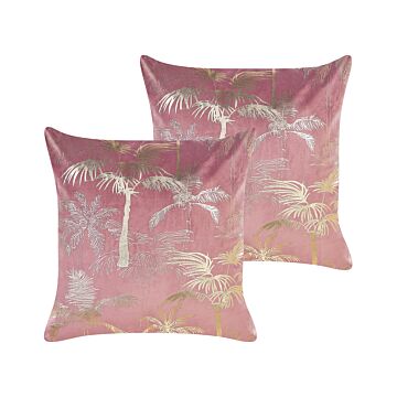 Set Of 2 Pink Decorative Pillows Velvet 45 X 45 Cm Palm Motif Pattern Modern Traditional Living Room Bedroom Cushions Beliani