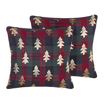 Set Of 2 Scatter Cushions Green And Red Polyester Fabric 45 X 45 Cm Christmas Tree Pattern Zippered Cases Beliani