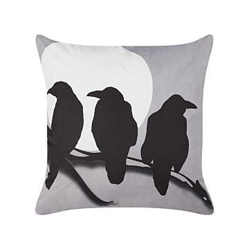 Decorative Cushion Grey Velvet 45 X 45 Cm Crows Pattern Square Modern Minimalist Autumn Decor Accessories Beliani