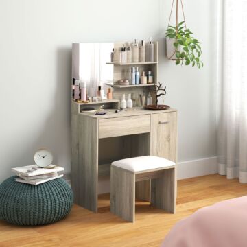 Homcom Dressing Table And Stool Set, With Storage - Natural Wood Finish
