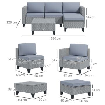 Outsunny 5-piece Rattan Patio Furniture Set With Corner Sofa, Footstools, Coffee Table, For Poolside, Grey