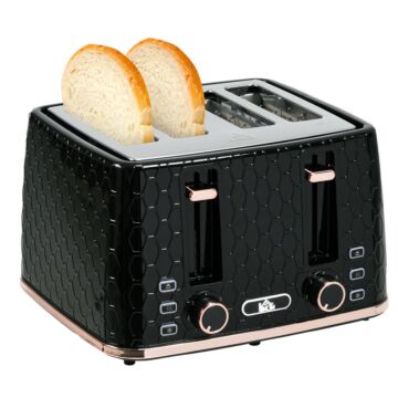 Homcom 4 Slice Toaster With 7 Browning Levels, High Lift, Reheat/defrost/cancel, Self-centring Function, Removable Crumb Tray, Auto Off, 1600w, Black Honeycomb Texture