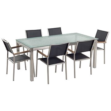Garden Dining Set Black With Cracked Glass Table Top 6 Seats 180 X 90 Cm Beliani