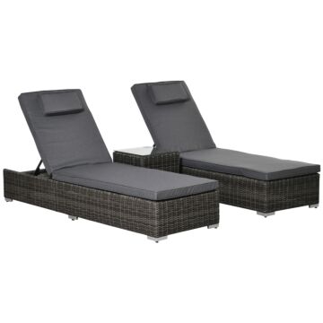 Outsunny 3 Pieces Patio Pe Rattan Sun Lounger Set, Adjustable Outdoor Half-round Wicker Aluminium Recliner Bed W/ Side Table Set, Headrest & Cushions