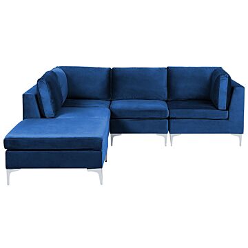 Right Hand Modular Corner Sofa With Ottoman Blue Velvet 4 Seater L-shaped Silver Metal Legs Glamour Style Beliani