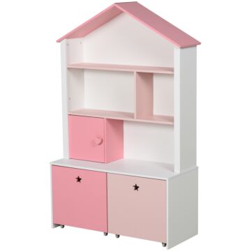Homcom Kids Bookshelf Chest W/ Drawer With Wheels Baby Toy Wood Organizer Display Stand Storage Cabinet 80x34x130cm Pink