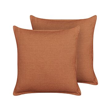 Set Of 2 Decorative Cushions Orange Linen 45 X 45 Cm Solid Colour Home Decoration Beliani